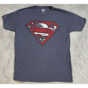 Superman Logo Blue Grey Mens Size L Distressed Thrifted Vintage Style